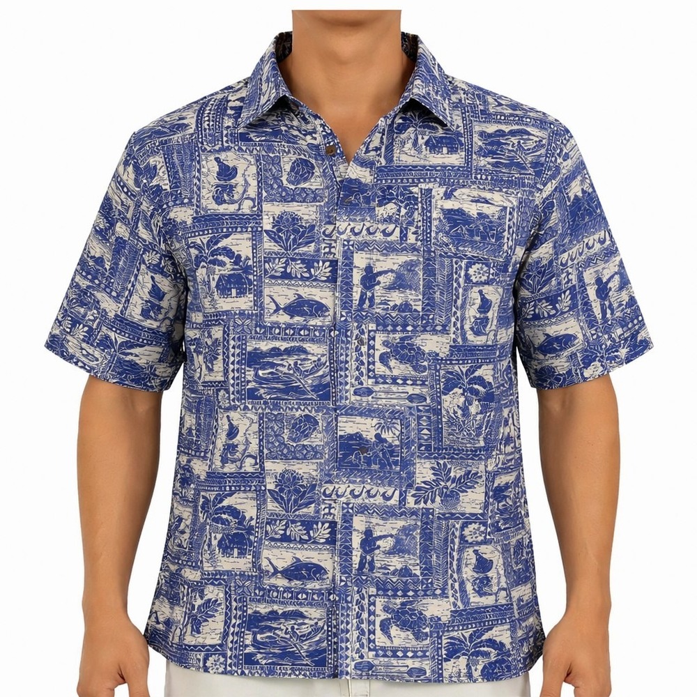 Made In Hawaii Aloha‎ Shirt Small Tribal Turtles Fishing Boats Nets Drums Fish